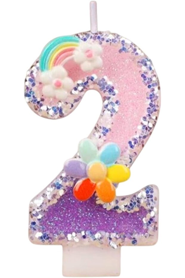 Glitter Number 2 Birthday Candle with Rainbow & Flower – Pink Purple Sparkle Cake Topper