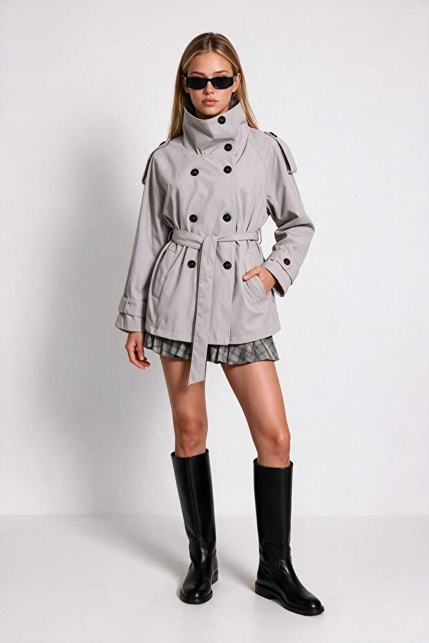 High Collar Belted Trench Coat Lgx0020 Stone
