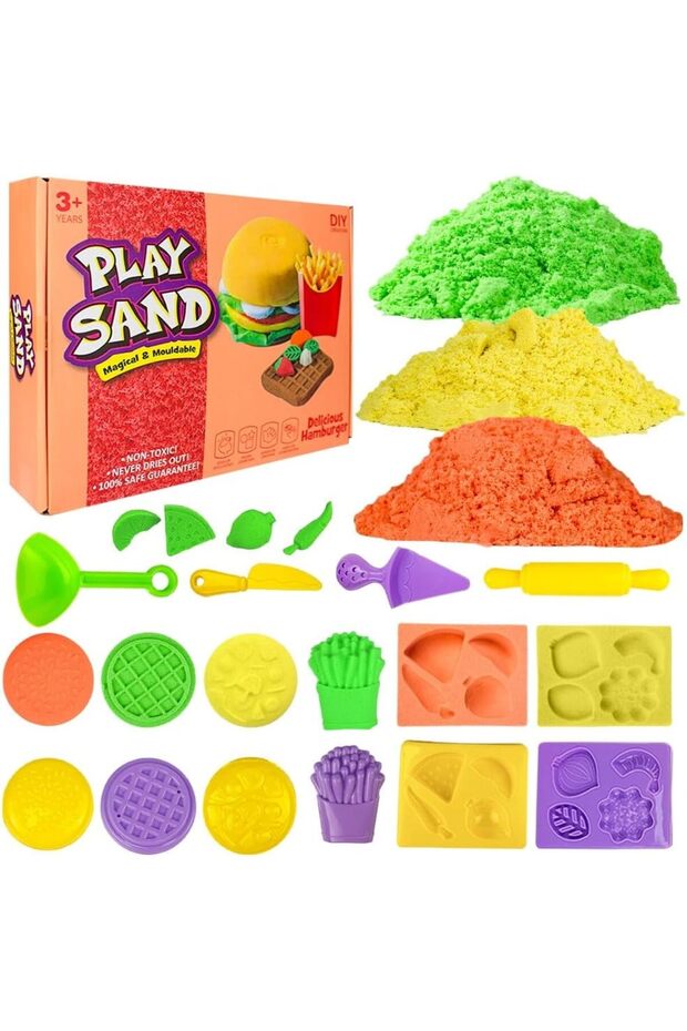 Magical Moldable Play Sand Kit for Kids 750g/0.75Kg DIY Delicious Hamburger Molds & Tools Set - Sensory Colorful Sand for Indoor & Outdoor Fun (Food Fiesta)