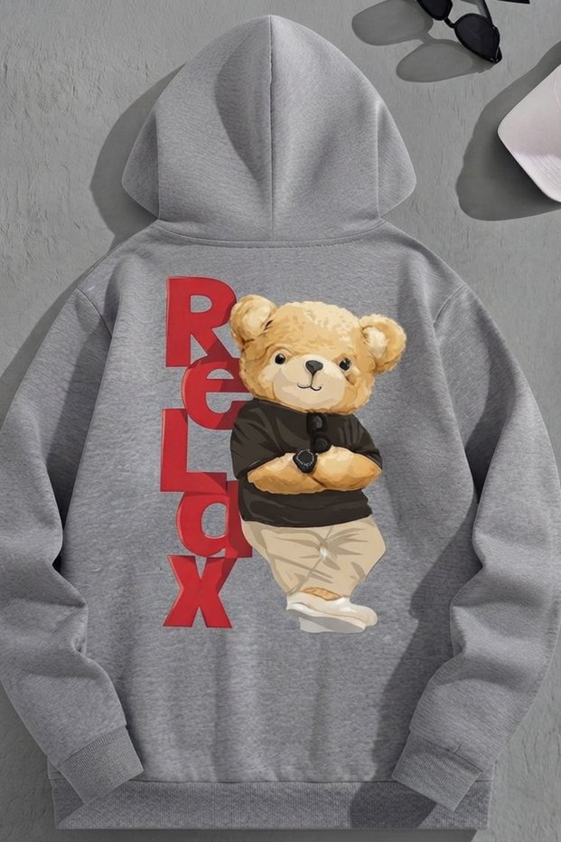 Unisex 3 Thread Cotton Gray Relaxbear Print Loose Fit Sweatshirt Hoodie