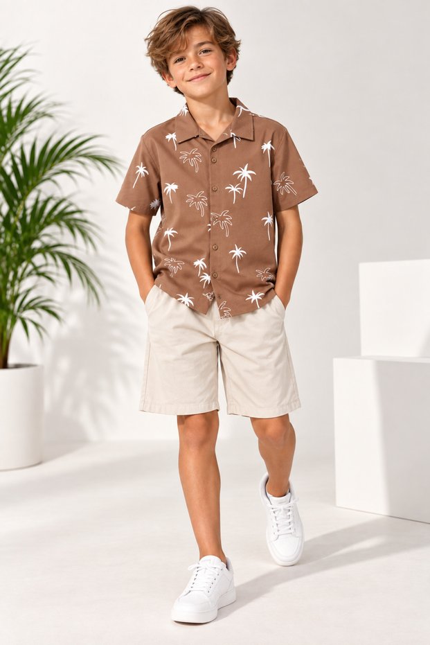 Boy's brown stretchy combed cotton shirt with adjustable waist and woven shorts - summer outfit set