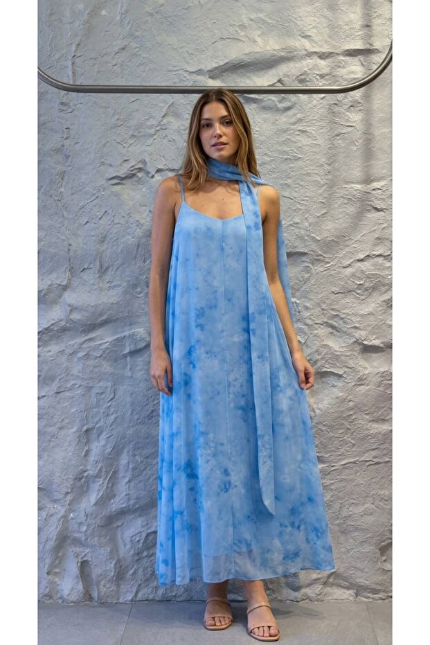 Women's Blue Patterned Scarf Strap Long Chiffon Dress