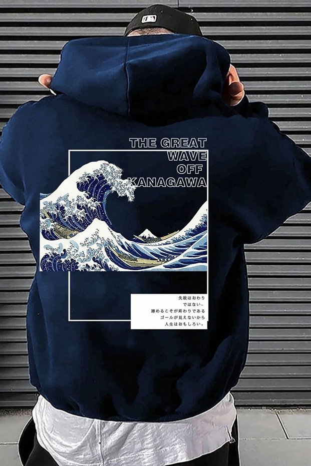 Unisex 3 Thread Cotton Navy Blue Kanagawa Loose Fit Sweatshirt Hoodie