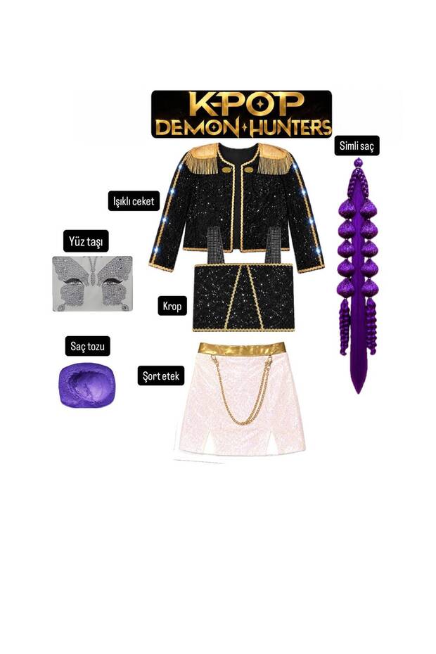 Kpop Huntrix Light-Up Rumi Mira Zoey Demon Slayers Costume Skirt Light-Up Jacket Bustier Blouse + Design Purple Babble Top Hair + Face Stone + Purple Hair Powder Birthday Party Set