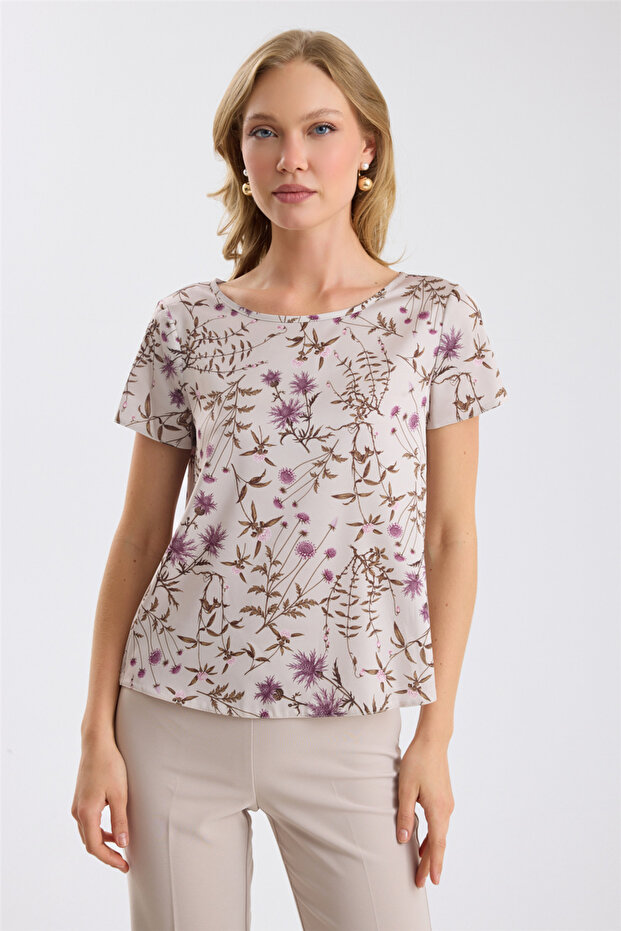 Floral Patterned Draped Satin Blouse