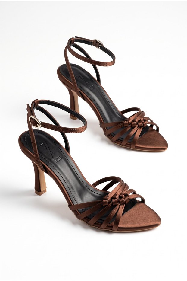 Women's Brown Satin Ankle Strap Pointed Toe Thin Heel Stiletto Evening Dress Heeled Shoes Forty