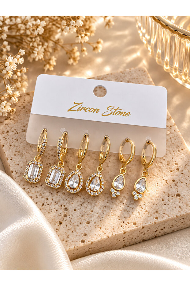 Set of 6 Gold Color Stone Hoop Earrings | Sparkling Drop and Rectangular Figured Earrings