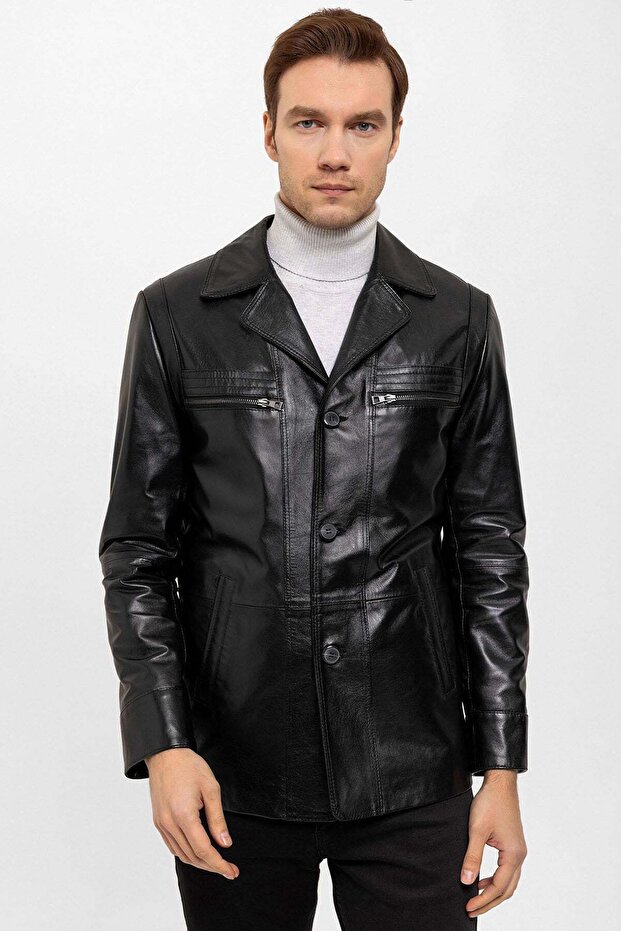 Black Douglas Buttoned Lined Waist-Fitted Men's Genuine Leather Jacket