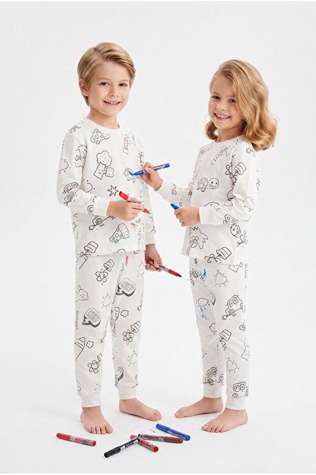 Unisex Children's Paintable Patterned 100% Cotton Single Jersey Fabric Long Sleeve Pajama Set
