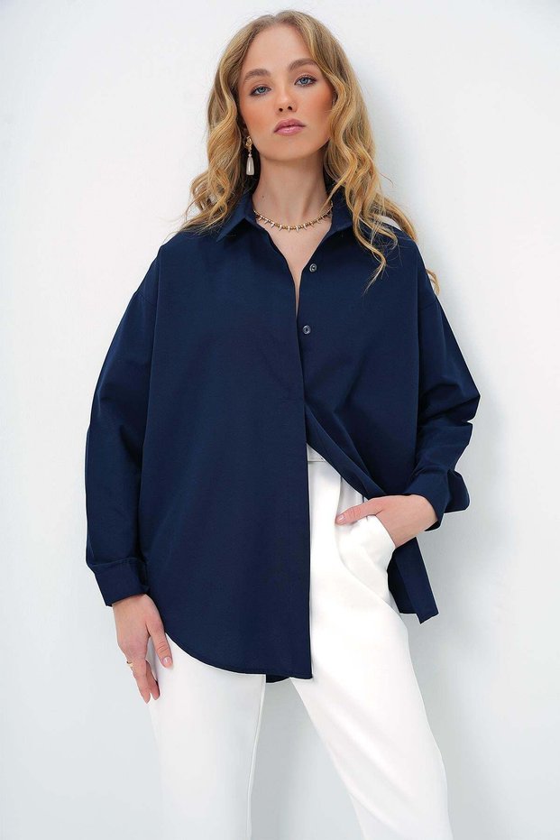 Women's Navy Blue Oversize Long Woven Shirt ALC-X6828
