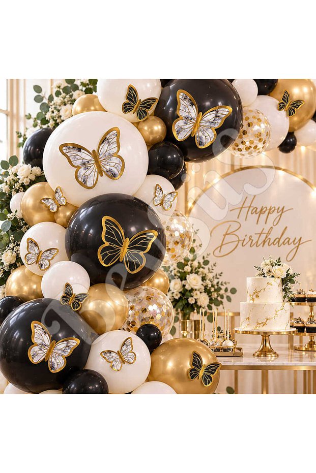 Black and White Gold Detailed Butterfly Balloon Decoration 42-Pack