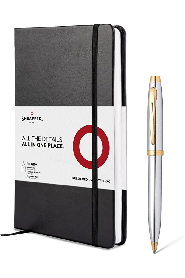 100 Piece Gift Set | G9340 Bright Chrome with Gold Tone Ballpoint Pen with Medium Notebook | Luxury Gift Set