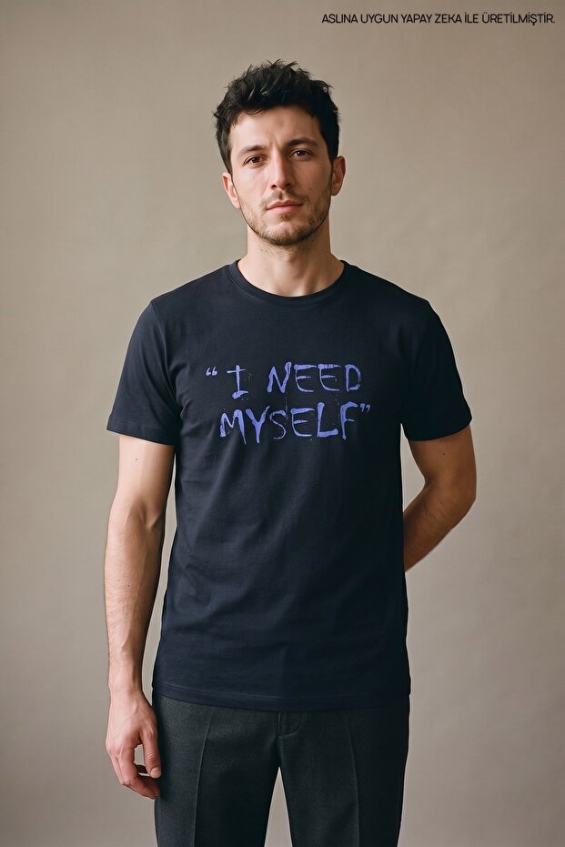 Navy Blue Men's I Need Myself Printed Crew Neck T-Shirt