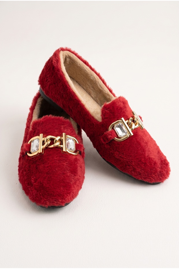 Women's Gold Chain, Crystal Stone Detailed Plush Indoor Ballerinas