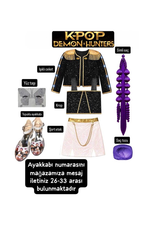 Kpop Huntrix Light-Up Rumi Mira Zoey Demon Slayers Costume Skirt Light-Up Jacket Bustier Blouse + Design Purple Babble Top Hair + Face Stone + Purple Hair Powder - Kpop Heels Birthday Party Set