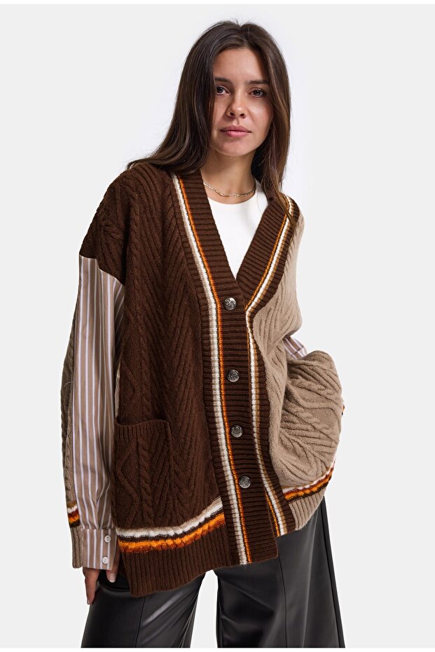 Women's Brown W6-16 Oversize Shirt Fabric Detailed Special Design Knitwear Cardigan