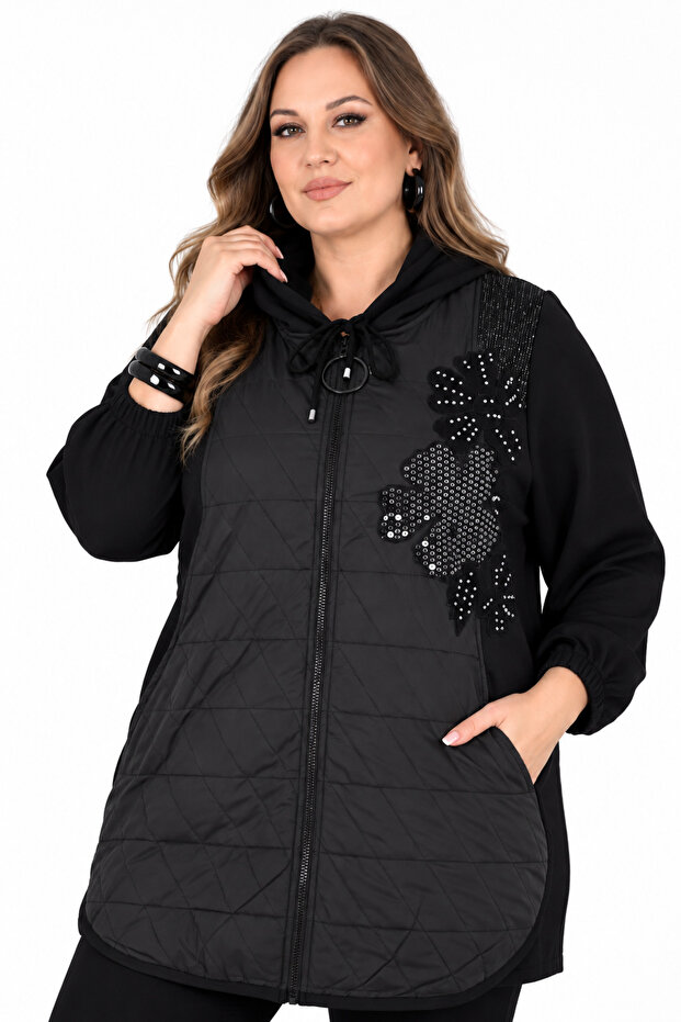 Plus Size Quilted Hooded Zippered Women's Coat with Stone Flower Appliques and Pockets