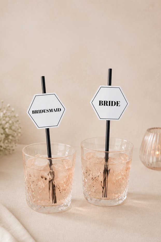 10 Pieces Bachelor Party Black and White Straw Set / Bride - Bridesmaid / Decorative Straw Set with Hexagonal Card