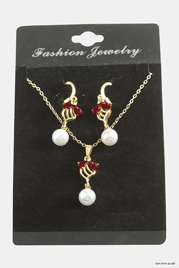 Spt-Gld Flower Pearl Zircon Stone Set (170119) Necklace Red