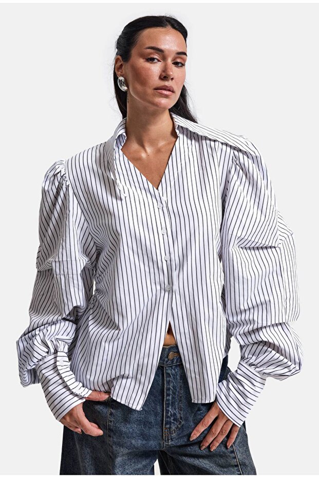 Women's Striped White W6-2 Oversize Padded Special Design Shirt