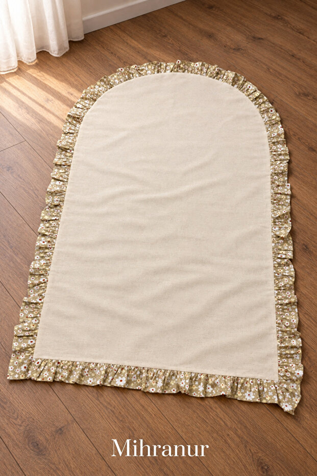 Ruffled Linen Prayer Rug with Floral Pattern, Minimal Prayer Mat, Prayer Beads, Gift- Dowry Bundle, Umrah and Gift Prayer Rug