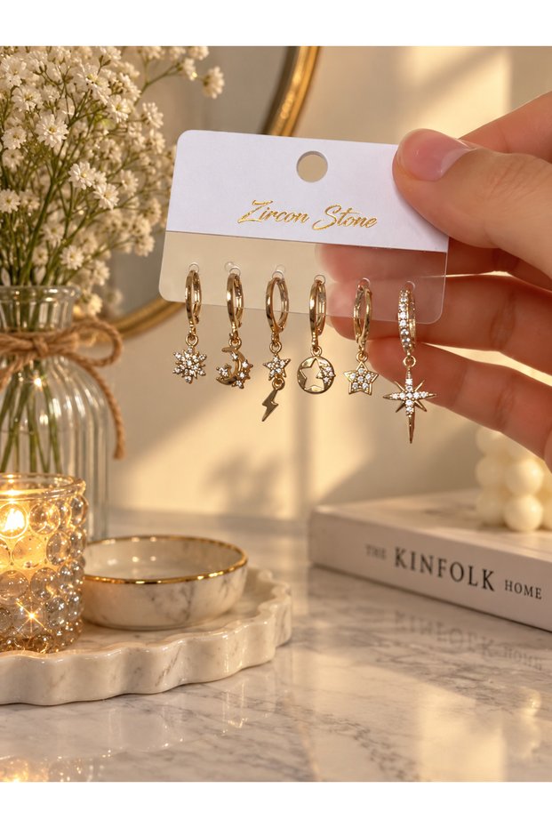 Set of 6 Gold Color Stone Hoop Earrings | Sparkling Earrings with Star, Moon and Lightning Bolt Figures