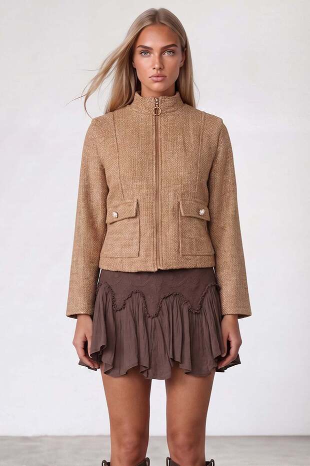 Women's Cinnamon Stand Collar Double Pocket Zippered Lined Wool Blend Jacket Alc-X15795