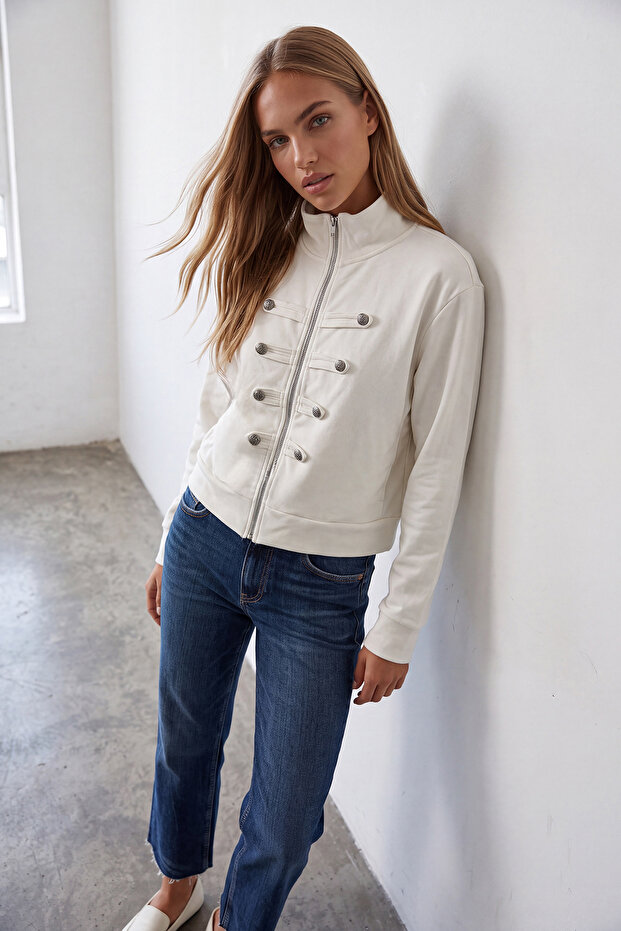 Women's White Stand Collar Decorative Button Zippered Stand Collar Jacket Alc-X15805