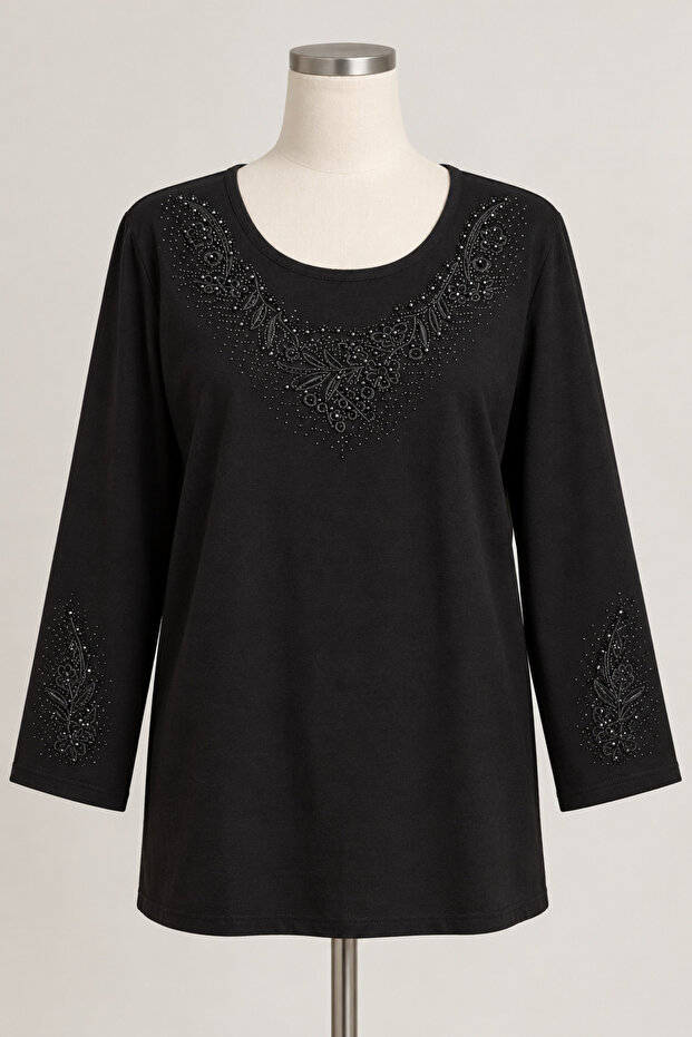 Women's Clover Mother Blouse with Stone Embellishments on Collar and Sleeves