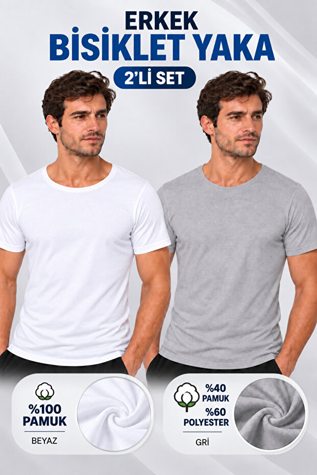 Men's Crew Neck Short Sleeve Undershirt Undershirt (Tutku Authorized Seller) Set of 2 – 1 White + 1 Gray