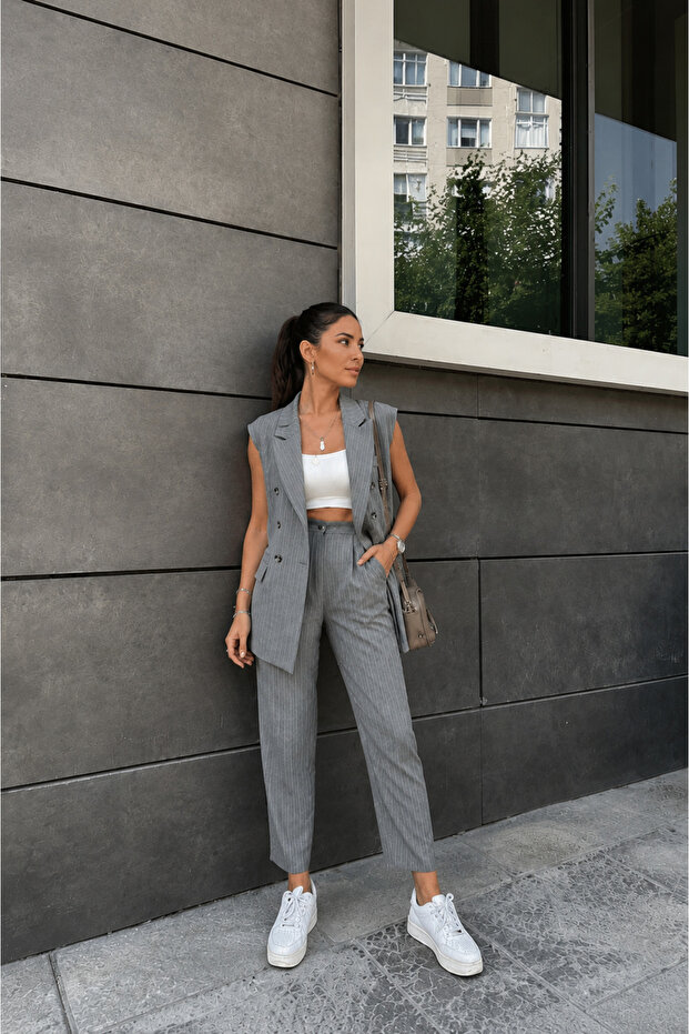 Casual Suit with Striped Vest