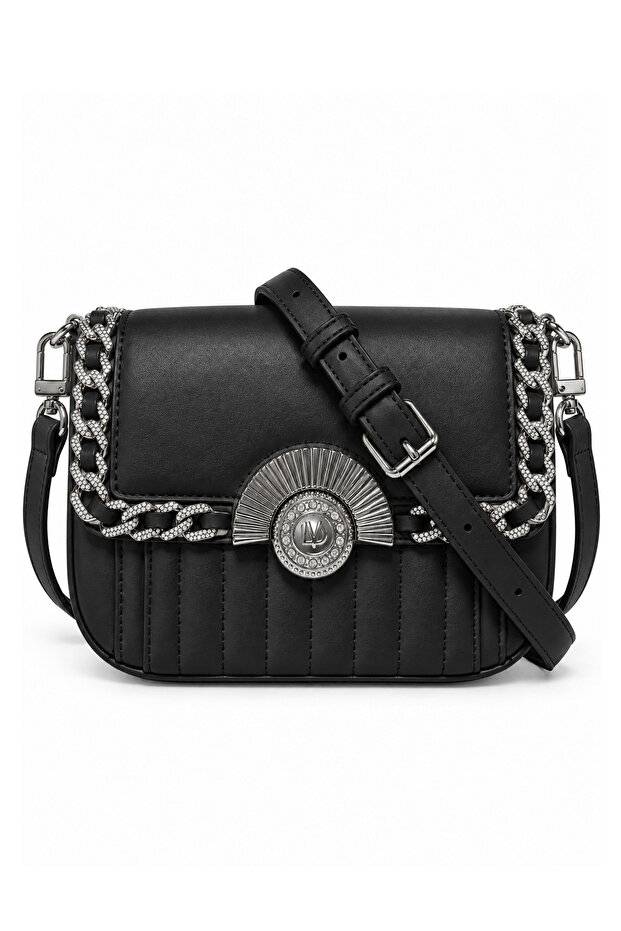 Stylish Design Small Size Women's Shoulder Bag with Fan and Stone Logo Detail, Black