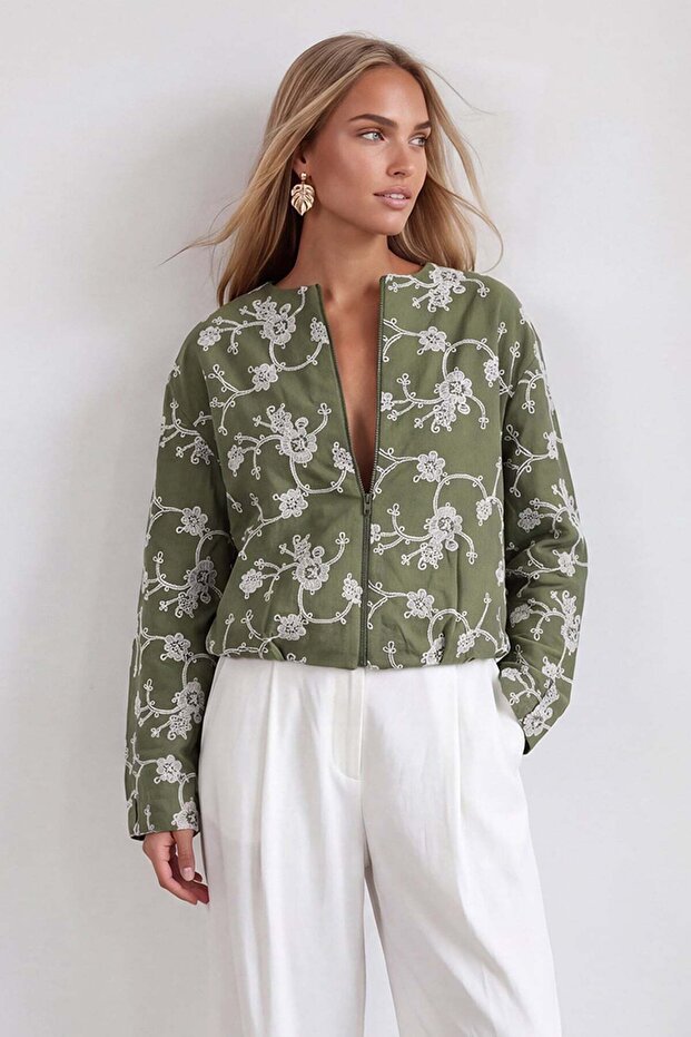 Women's Khaki Crew Neck Zippered Lined Bomber Jacket Alc-X15794