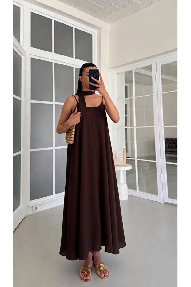 Women's Brown Scarf Long Chiffon Dress