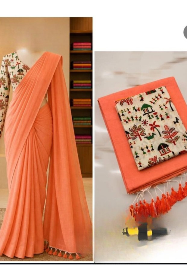 Peach Khadi Cotton Saree with Floral Printed Blouse - EFS9647 | Peach-Size-0
