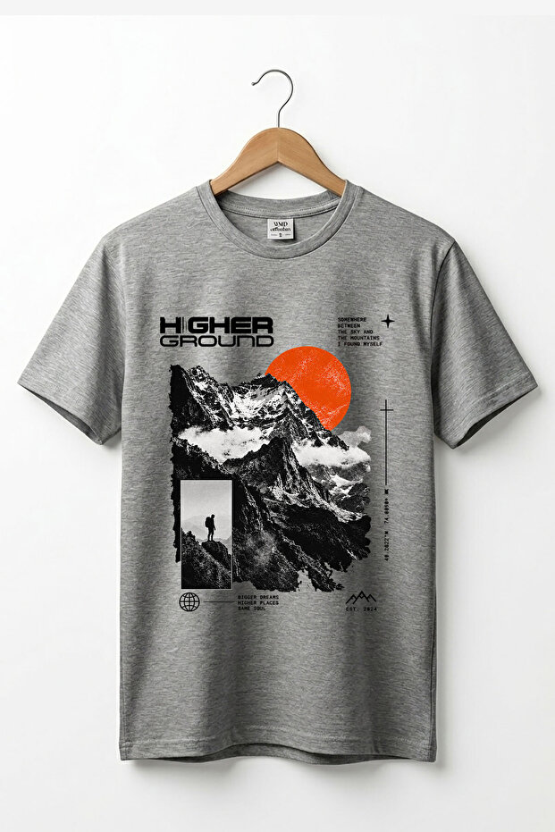 Unisex Outdoor Higher Ground Mountain Printed 100% Cotton Street Style Crew Neck Basic T-Shirt