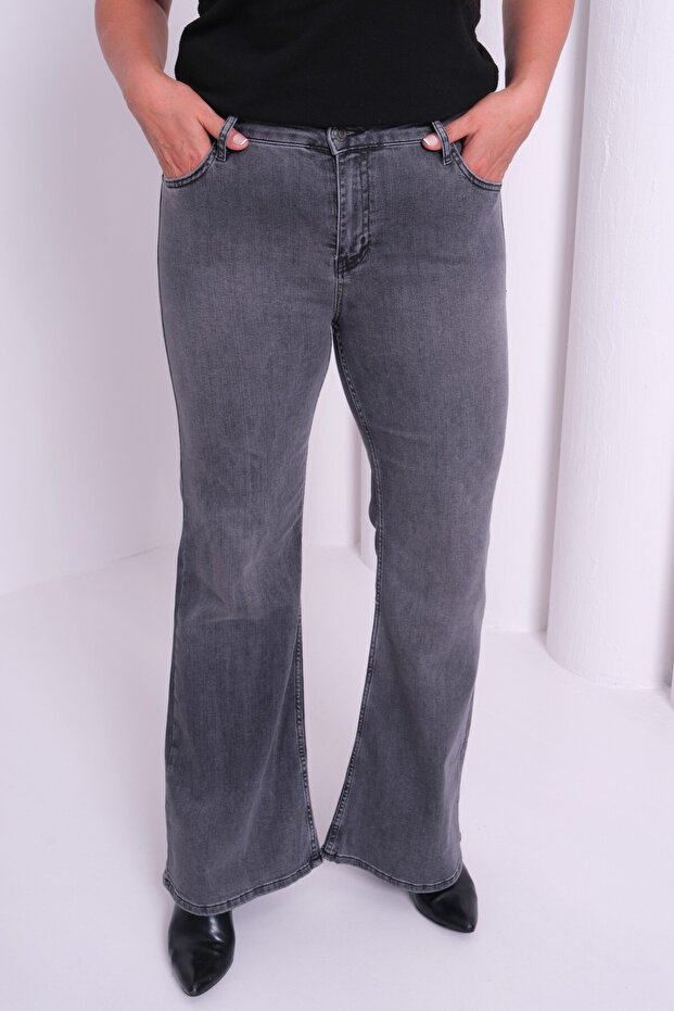 Women's Anthracite Large Size High Waist Washed Half Spanish Leg Jeans
