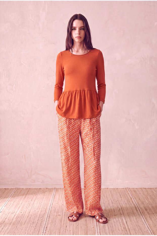 Women's Viscose Blended Rust Color 3/4 Sleeve Crew Neck Skirt Gathered Blouse Esther
