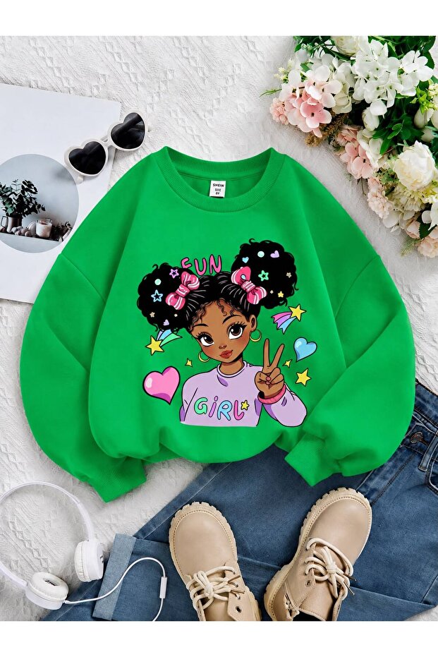3 Yarn Combed Cotton Girls Printed Unisex Children's Crewneck Sweat Qa6
