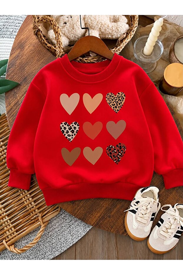 3 Yarn Combed Cotton Hearts Printed Unisex Children's Crewneck Sweat Qa5