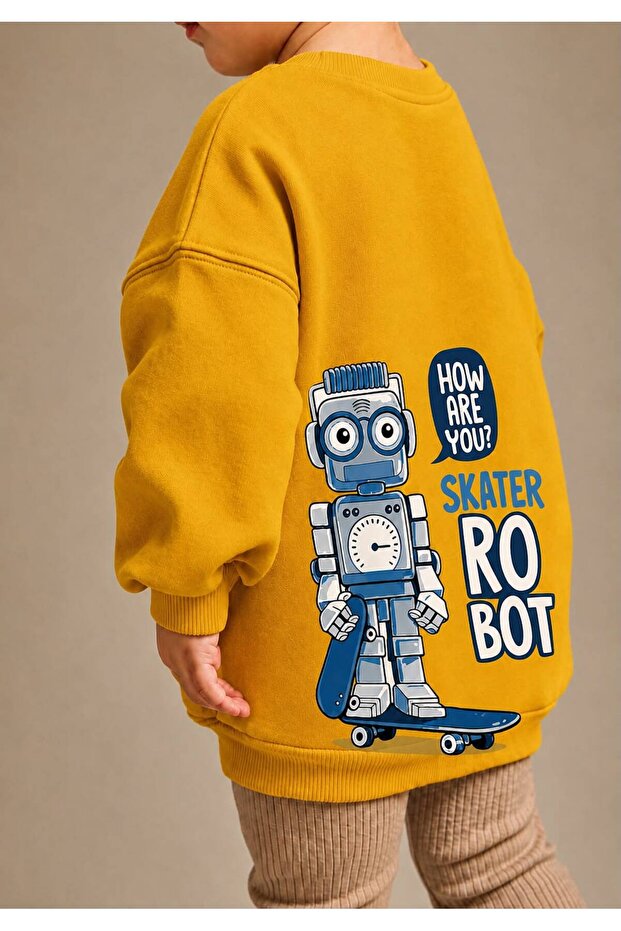 3 Yarn Combed Cotton Robot Printed Unisex Children's Crewneck Sweatshirt Qs7