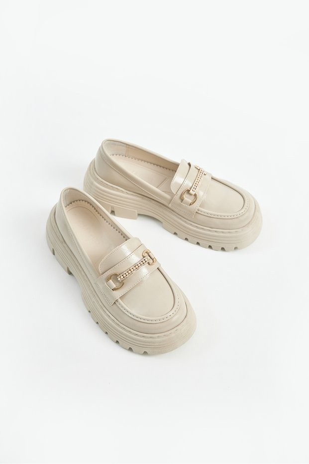 Women's Beige Patent Leather Thick Sole Buckle Casual Shoes