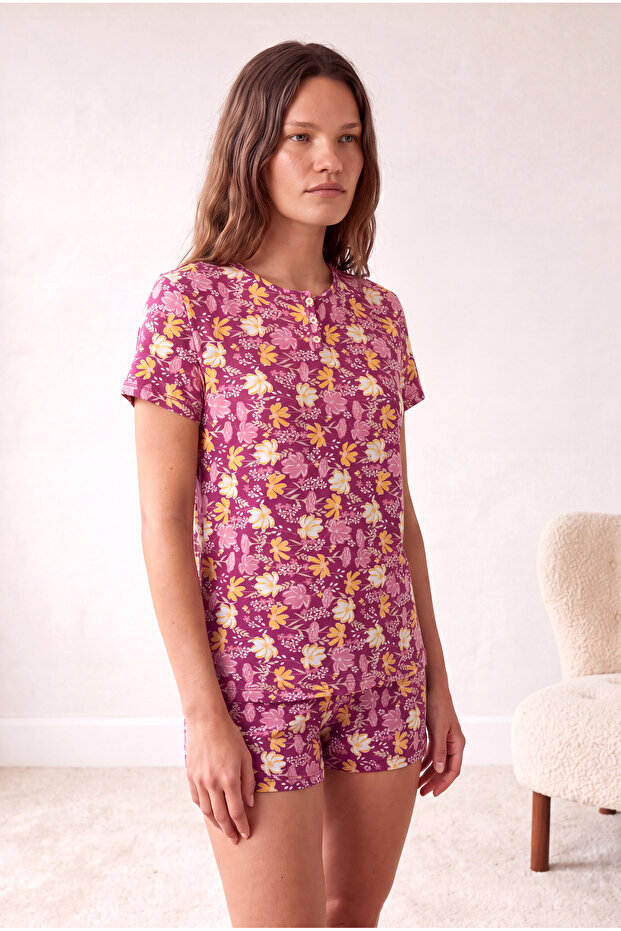 Women's Cotton Purple Floral Patterned Short Sleeve Functional Button Detailed Collar Shorts Pajama Set Pjrose