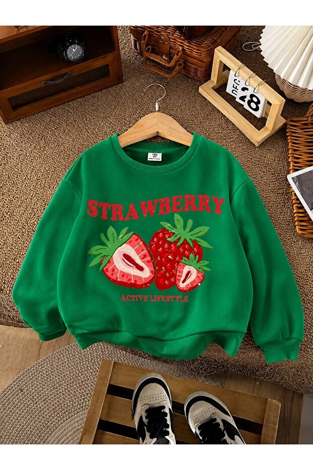 3 Yarn Combed Cotton Strawberry Printed Unisex Children's Crewneck Sweat Qa4