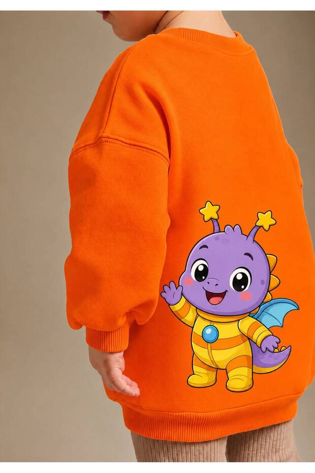 3 Yarn Combed Cotton Cute Purple Dragon Printed Unisex Children's Crewneck Sweat Qs5