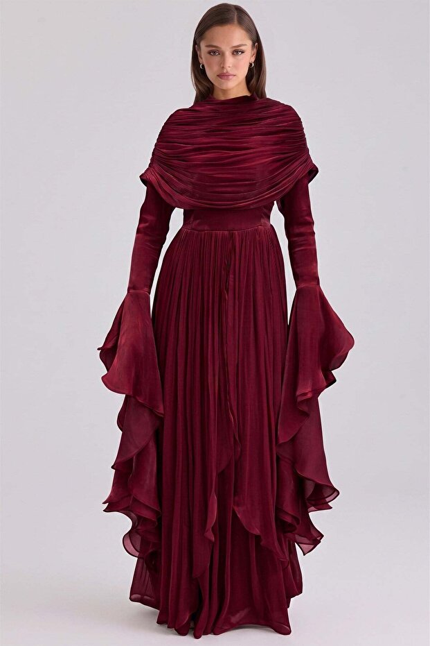 Detachable Shawl Detailed Sleeves with Ruffles Yoryo Silk Hijab Evening Dress Dark Bordo 1245