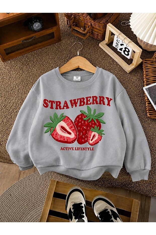 3 Yarn Combed Cotton Strawberry Printed Unisex Children's Crewneck Sweat Qa4