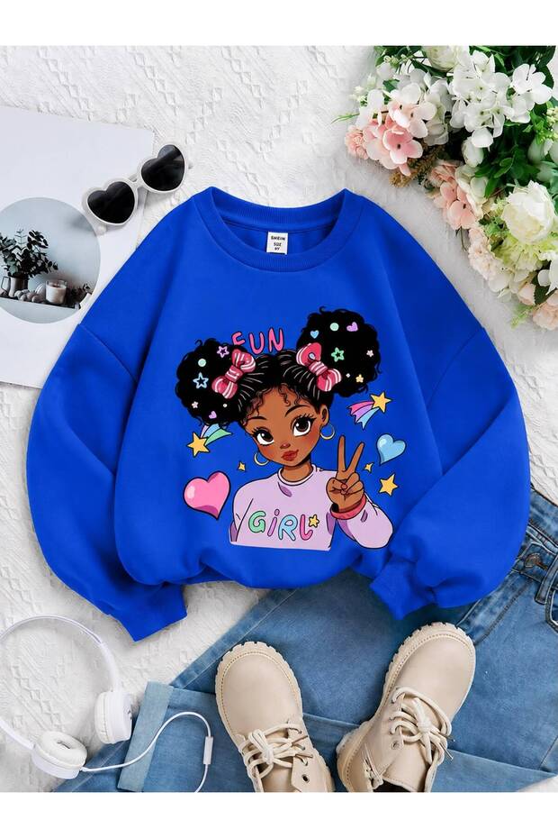 3 Yarn Combed Cotton Girls Printed Unisex Children's Crewneck Sweat Qa6