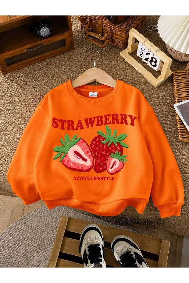 3 Yarn Combed Cotton Strawberry Printed Unisex Children's Crewneck Sweat Qa4