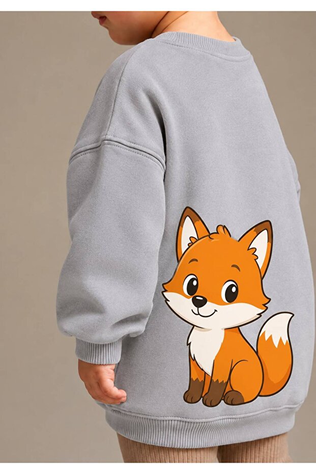 3 Yarn Combed Cotton Fox Printed Unisex Children's Crewneck Sweat Qs6